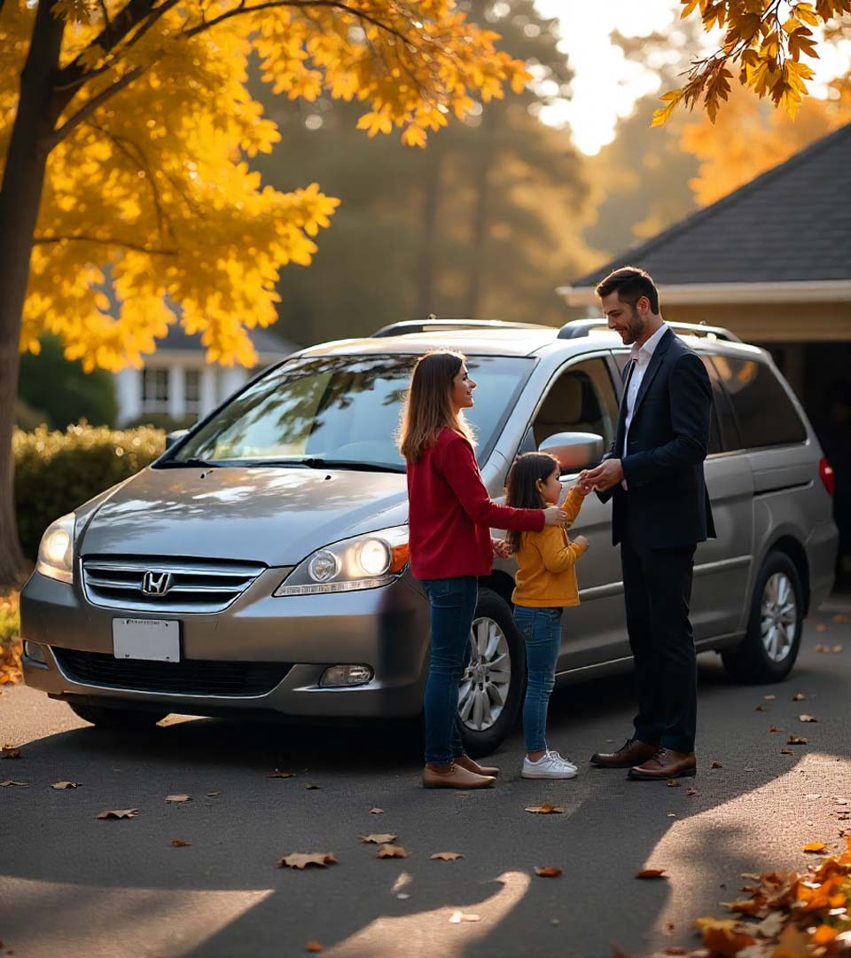 Eine Familie übergibt ein Auto an einen Händler beim Autoankauf Sangerhausen vor dem Haus
